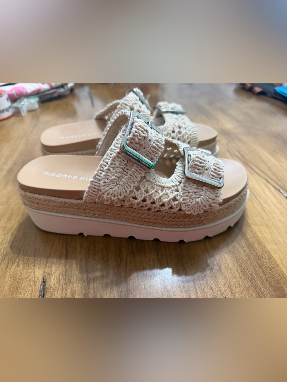 Madden Girl Crochet Double-Buckle Platform Slides in Cream size 8